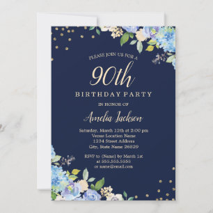 Sparkle Floral Blue 90th Birthday Party Invitation