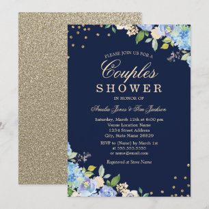 Sparkle Floral Blue Gold Couples Shower Invitation