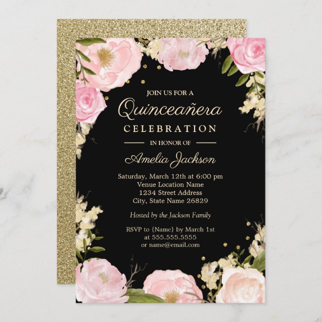 Sparkle Floral Gold Pink Black Quinceanera Invitation (Front/Back)