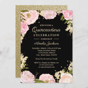 Sparkle Floral Gold Pink Black Quinceanera Invitation