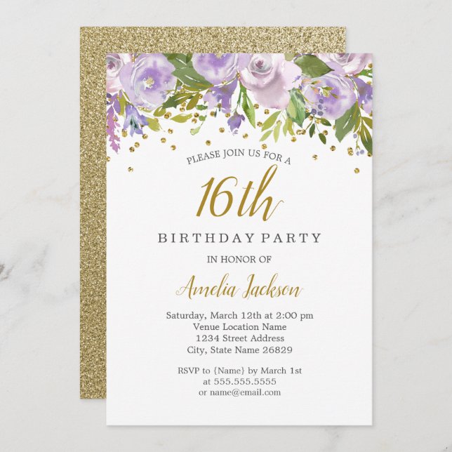 Sparkle Floral Purple 16th Birthday Invite (Front/Back)