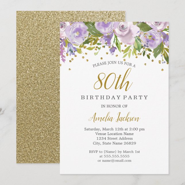 Sparkle Floral Purple 80th Birthday Invite (Front/Back)