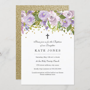 Sparkle Floral Purple Baptism Invitation