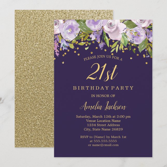 Sparkle Floral Purple Gold 21st Birthday Invite (Front/Back)