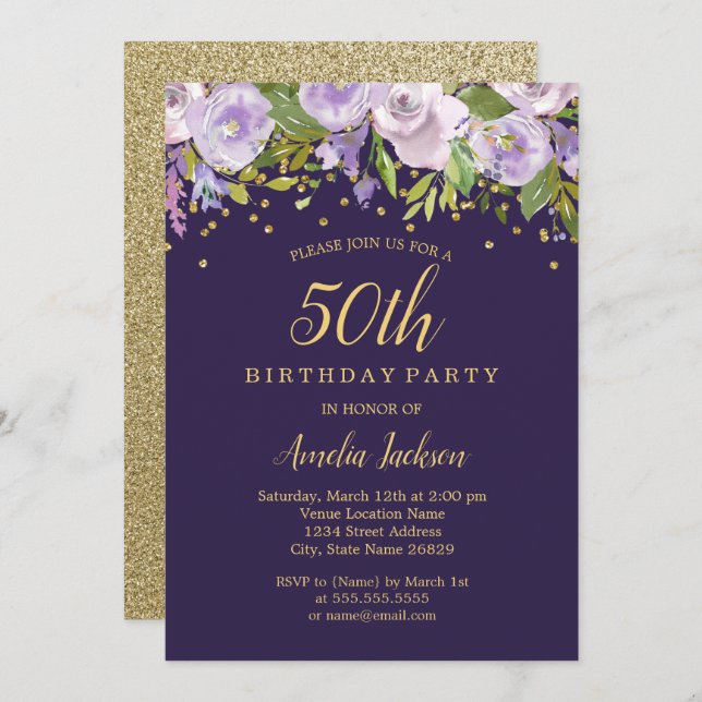 Sparkle Floral Purple Gold 50th Birthday Invite (Front/Back)