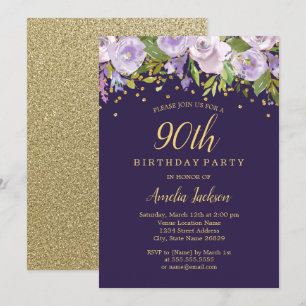 Sparkle Floral Purple Gold 90th Birthday Invite