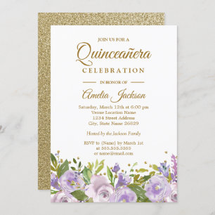 Sparkle Floral Purple Gold Quinceanera Invitation