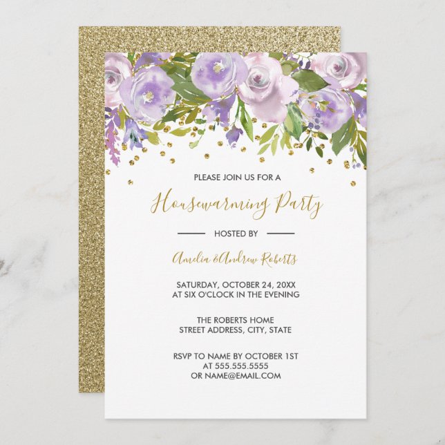 Sparkle Floral Purple Housewarming Party Invite (Front/Back)