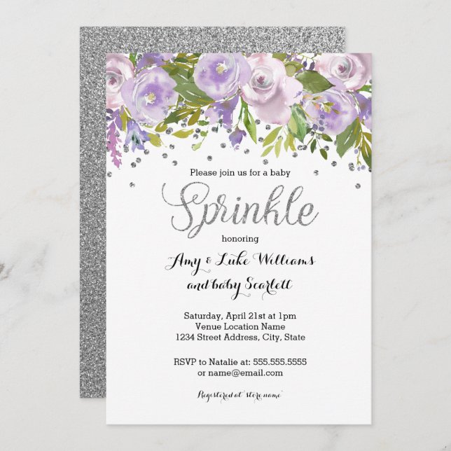 Sparkle Floral Purple Sprinkle Baby Shower Invitation (Front/Back)