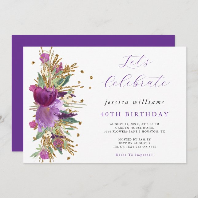 Sparkle Flowers Birthday Party Invitation (Front/Back)