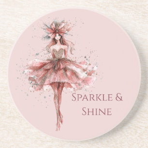 Sparkle Girl in Pink Rose Gold Dress Coaster