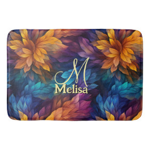Sparkle Girly Navy Blue Purple Leaves Bath Mat