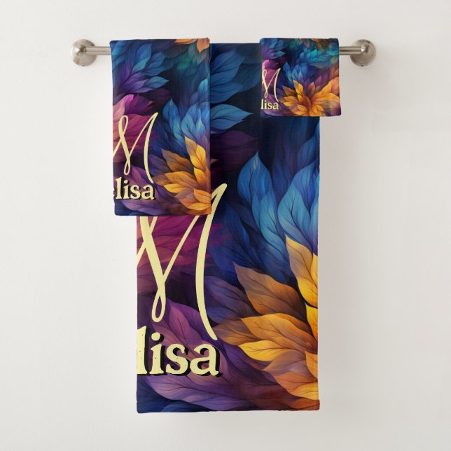 Sparkle Girly Navy Blue Purple Leaves Bath Towel Set (Insitu)