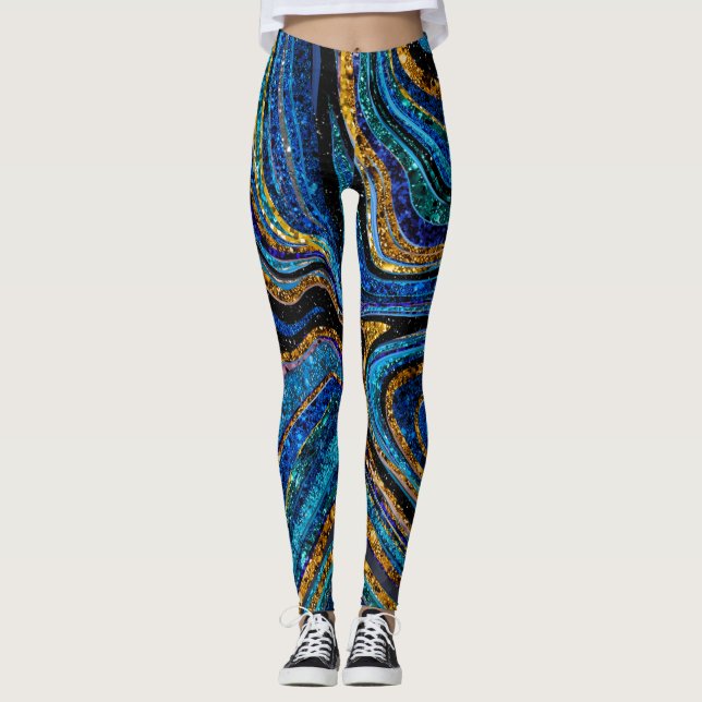 Sparkle Glam Glitter girly marble art blue Leggings (Front)