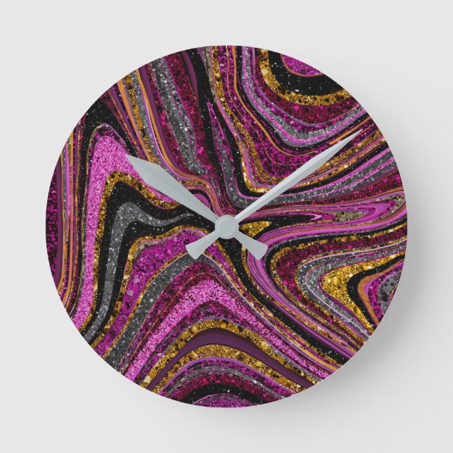 Sparkle Glam Glitter girly marble art pink Round Clock (Front)