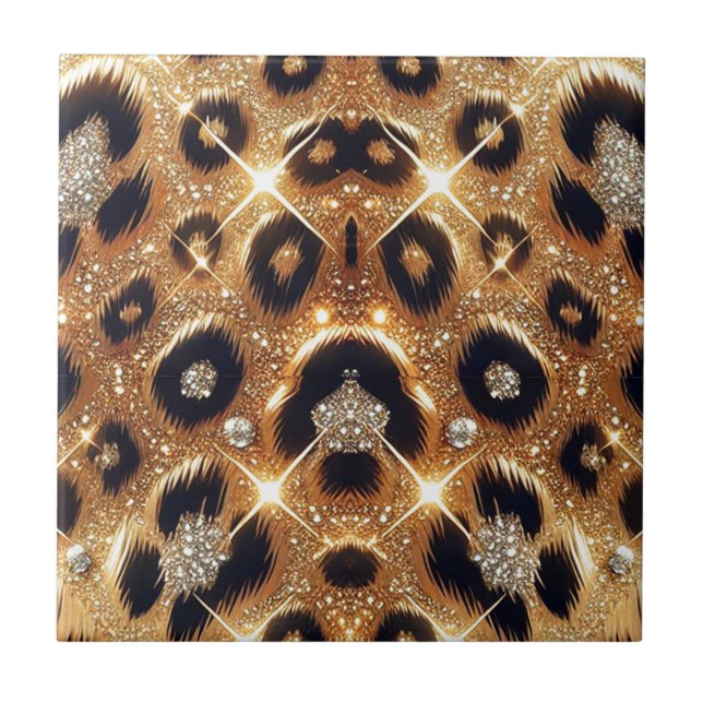 Sparkle Glam Gold Black Leopard Cheetah Print  Ceramic Tile (Front)