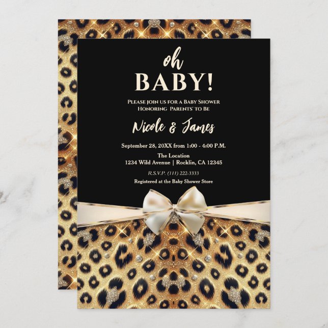 Sparkle Glam Gold Black Leopard Print Baby Shower Invitation (Front/Back)