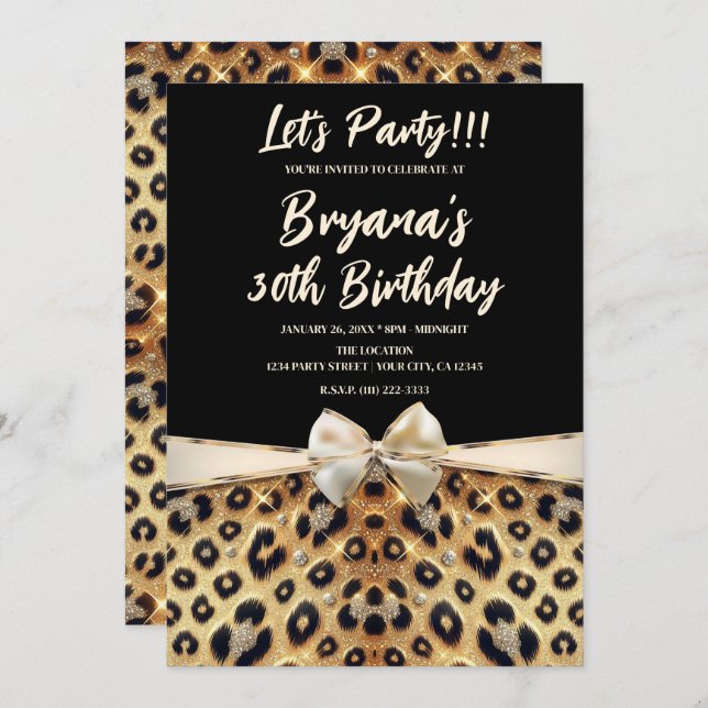 Sparkle Glam Gold Black Leopard Print Birthday  Invitation (Front/Back)