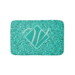 Sparkle Glam Turquoises Blue Glitter Monogrammed Bath Mat