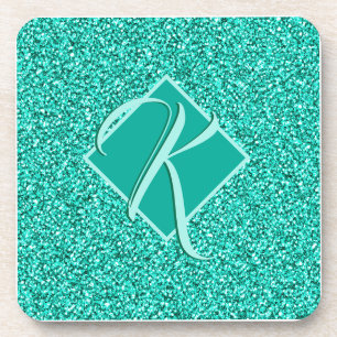 Sparkle Glam Turquoises Blue Glitter Monogrammed Coaster