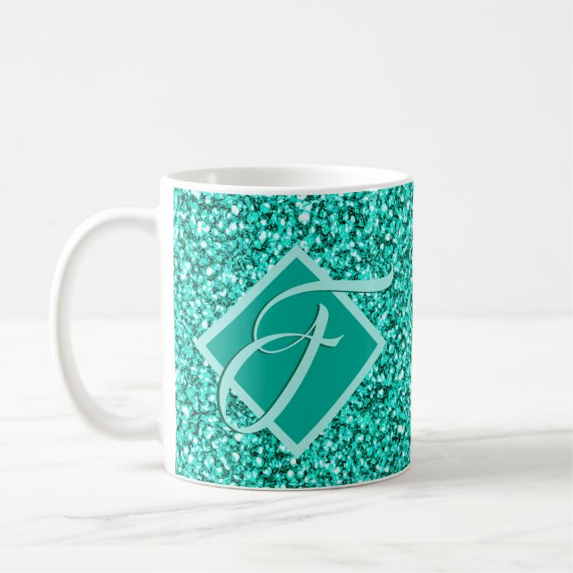 Sparkle Glam Turquoises Blue Glitter Monogrammed Coffee Mug (Left)