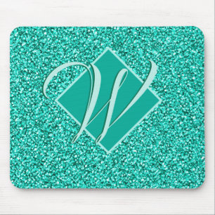 Sparkle Glam Turquoises Blue Glitter Monogrammed Mouse Pad