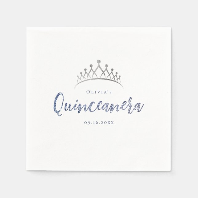 Sparkle glitter blue quinceanera 15th birthday napkin (Front)