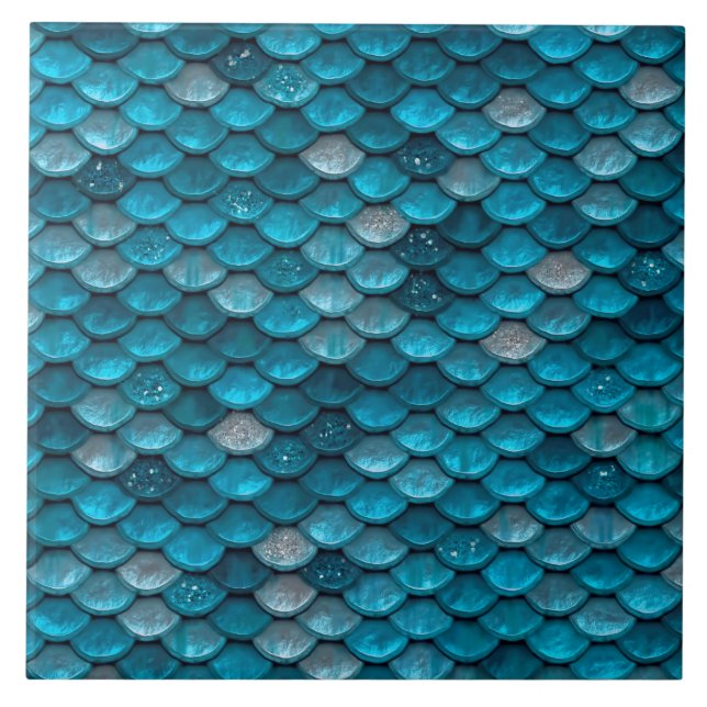 Sparkle Glitter Blue Teal Aqua Mermaid Scales Ceramic Tile (Front)