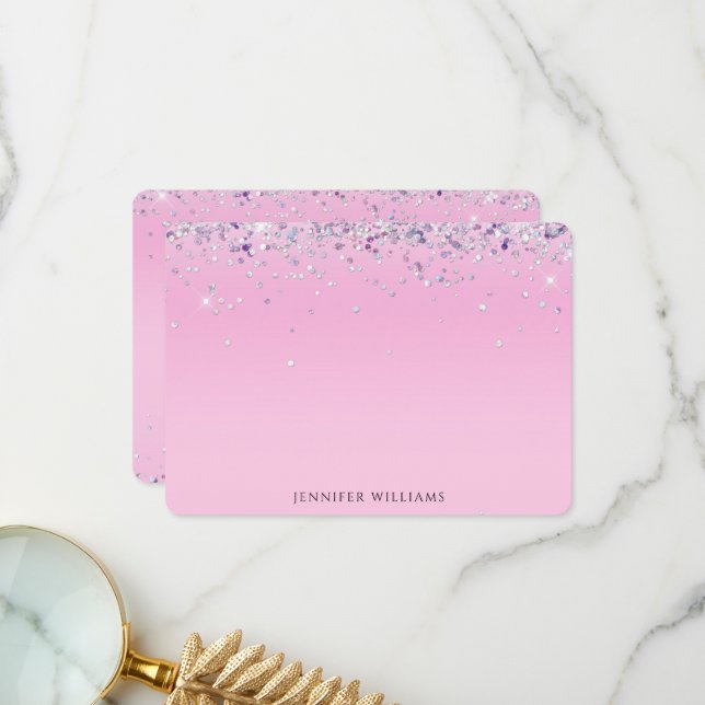 Sparkle Glitter Border Pink Custom Name Note Card (Front/Back In Situ)