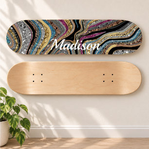 Sparkle Glitter girly marble art grey skateboard 