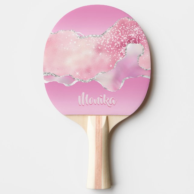 Sparkle Glitter girly Pink Silver Agate Ping Pong Paddle (Front)