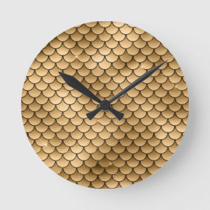 Sparkle Glitter Golden Bronze Fish Scale Mermaid Round Clock