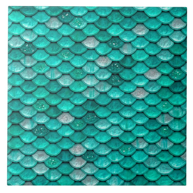 Sparkle Glitter Green Aqua Mermaid Scales Ceramic Tile (Front)