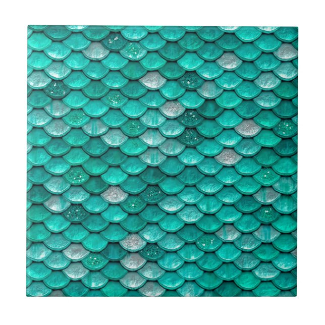 Sparkle Glitter Green Aqua Mermaid Scales Tile (Front)