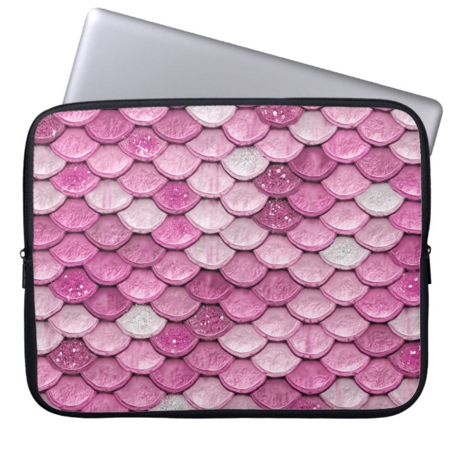 Sparkle Glitter Pink Rose Gold Mermaid Scales Laptop Sleeve (Front)