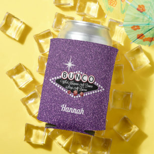 Sparkle Glitter Purple Bunco Player Monogrammed Can Cooler