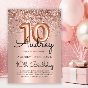 Sparkle Glitter Rose Gold Balloon 10th Birthday Invitation