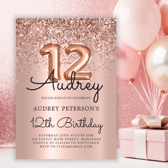 Sparkle Glitter Rose Gold Balloon 12th Birthday  Invitation (Creator Uploaded)