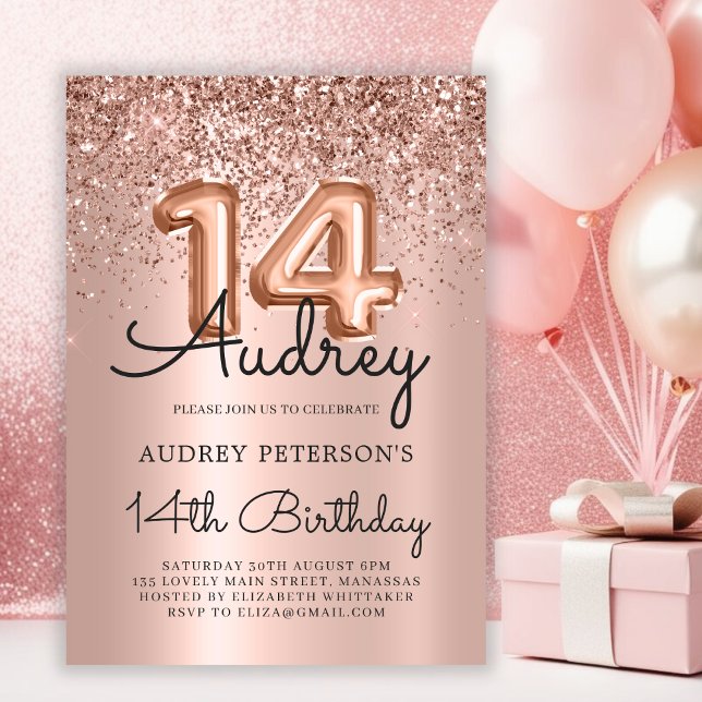 Sparkle Glitter Rose Gold Balloon 14th Birthday  Invitation (Creator Uploaded)