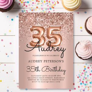 Sparkle Glitter Rose Gold Balloon 35th Birthday Invitation