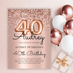 Sparkle Glitter Rose Gold Balloon 40th Birthday Invitation