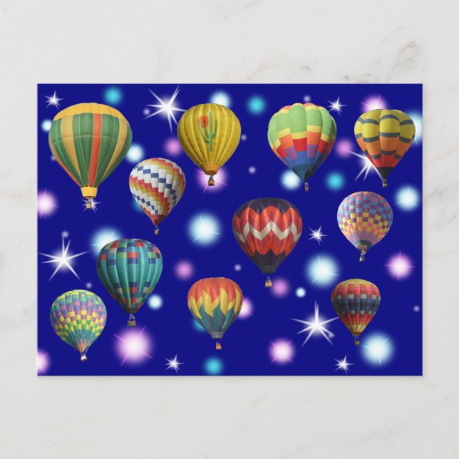 Sparkle Glowing Pink Blue Stars Hot Air Balloons Postcard (Front)