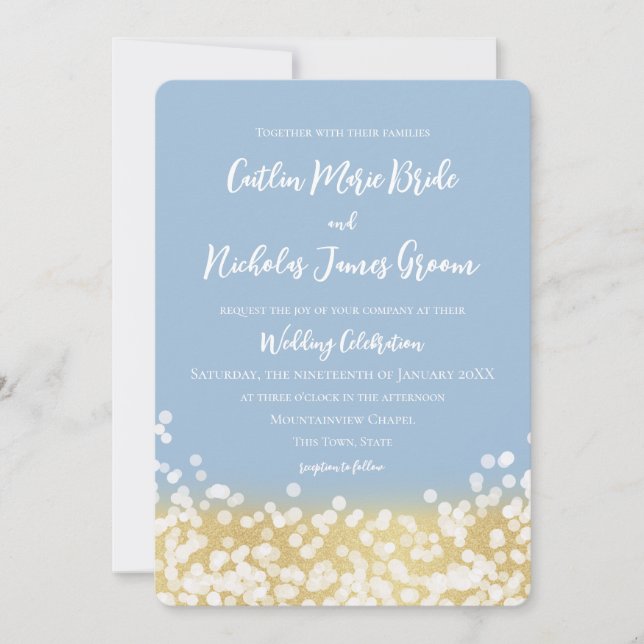 Sparkle Gold and Blue Wedding Invitation (Front)