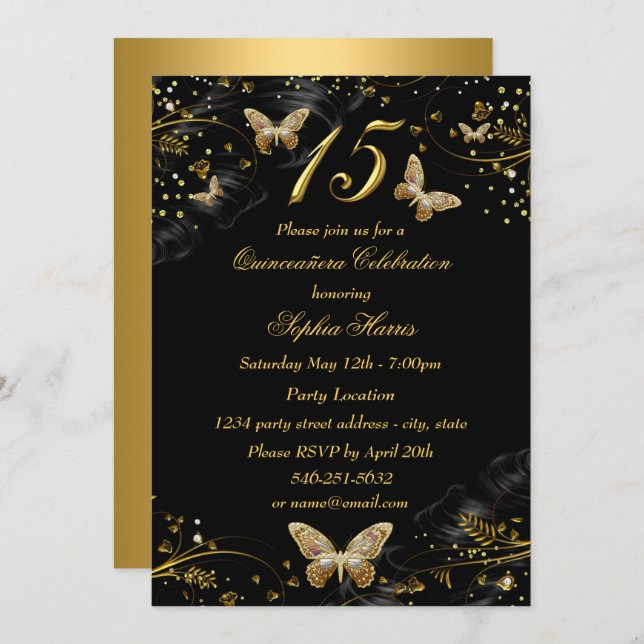 Sparkle Gold Black Butterfly Quinceanera Invite (Front/Back)