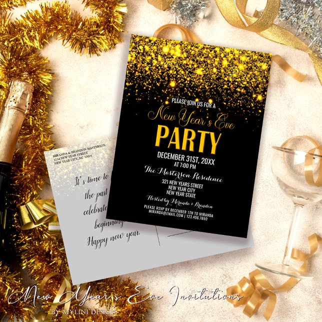Sparkle Gold Black New Year`s Eve Party Invitation Postcard (Creator Uploaded)