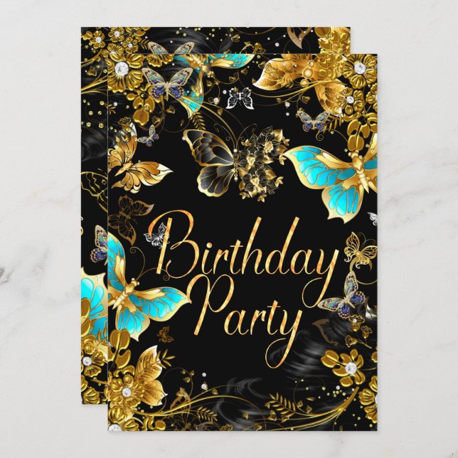 Sparkle Gold Black Teal Butterfly Birthday Party 2 Invitation (Front/Back)