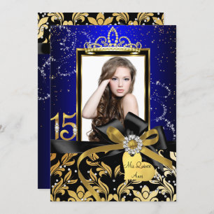 Sparkle Gold Blue Damask Bow Photo Quinceanera Invitation