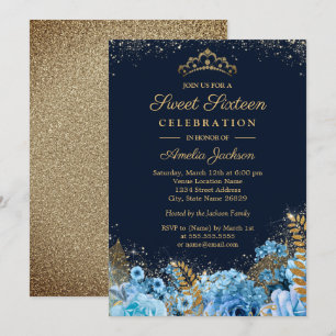 Sparkle Gold Blue Glitter floral Sweet Sixteen Invitation
