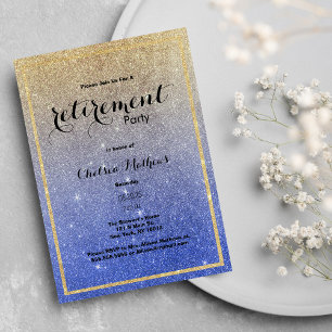 Sparkle Gold Blue Ombre Glitter Retirement Party Invitation