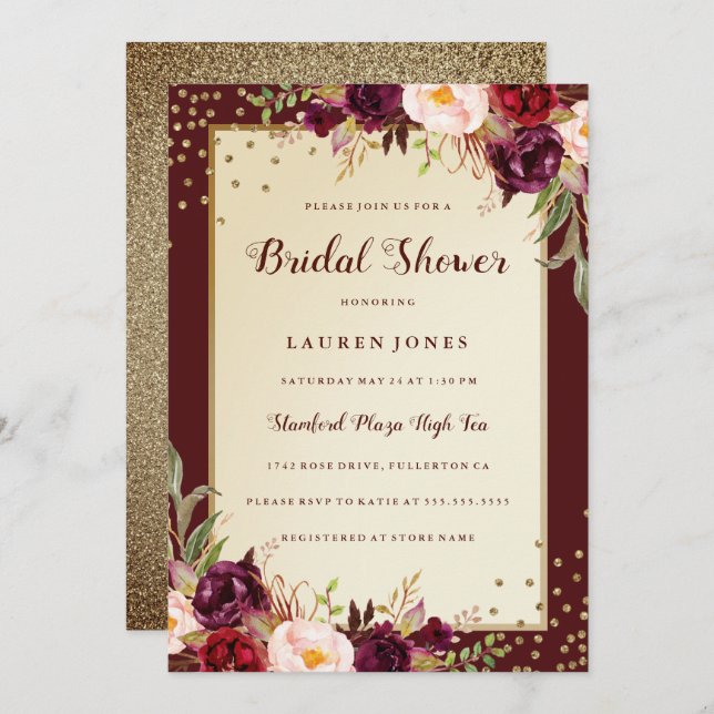 Sparkle Gold Burgundy floral Bridal Shower Invite (Front/Back)